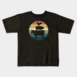 Retro Rainbow Stacked Farm Animals Cow Pig Rooster Kids T-Shirt